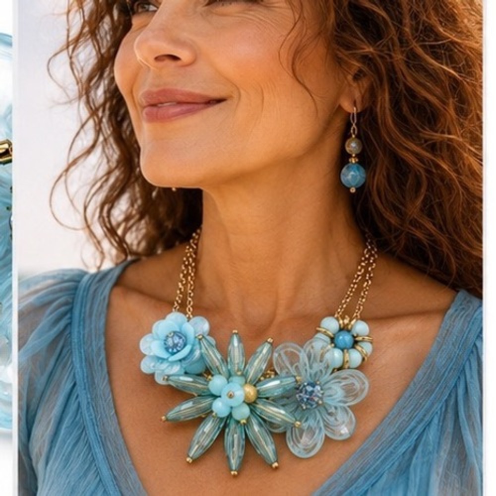 Whimsical Vintage Aqua Blue Crystal Floral Statement Necklace Double Chain